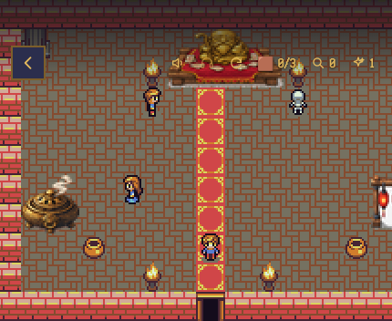 Live gameplay: the player character standing before a temple altar with two NPCs nearby, on-screen d-pad, and a dialogue button.